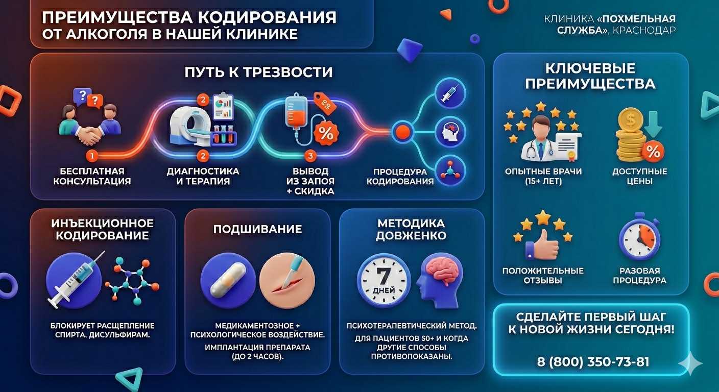 Инфографика о методах кодирования от алкоголя в Емве: инъекции, подшивание, метод Довженко. Преимущества клиники и этапы лечения.